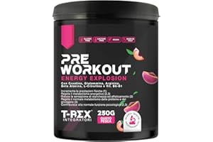T-Rex Integratori Pre Workout, Energy Drink Potente con Creatina Monoidrata, Bcaa, Arginina, Beta Alanina e Vitamine - Senza Caffeina, 250 g (250 g (Confezione da 1), Pesca)