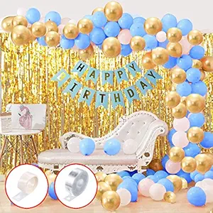 Party Propz Happy Birthday Rubber Balloons Decoration Items Combo Kit Blue Gold White - 93Pcs