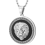 Homme Acier Tête de Lion Cercle Pendentif Collier AVCE Zircone Cubique, Onyx Noir, Motif clé Grecque, Argent Noir