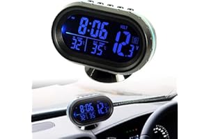 RILOER voiture thermomètre horloge numérique 12-24 V voltmètre réveil LCD trempé avec 2 rétro-éclairages (bleu/rouge)