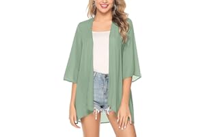 Irevial Cardigan Donna Chiffon Kimono Estivo Elegante Copricostume Mare Maniche a 3/4 a Tinta Unita Leggero Bluse Top per Spiaggia Party Vacanze