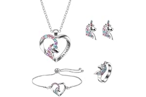 INBOLM 4PCS Girls Jewelry Set Necklace Earring Bracelet Ring Set, Necklace Unicorn Rings Kids Jewellery Sets for Girls Princess Dress Up Jewelry Party