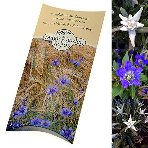 Saatgut Set: 'Geschützte Alpenblumen', Edelweiss und Enzian als Samen für die Anzucht im Garten in schöner Geschenkverpackung