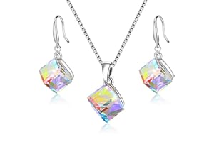 Uloveido Girl's Square Cube Austrian Crystal Hook Earrings and Rainbow Necklace Sets for Women - 925 Sterling Silver Wedding Engagement Jewelry Sets Box Packing Y418