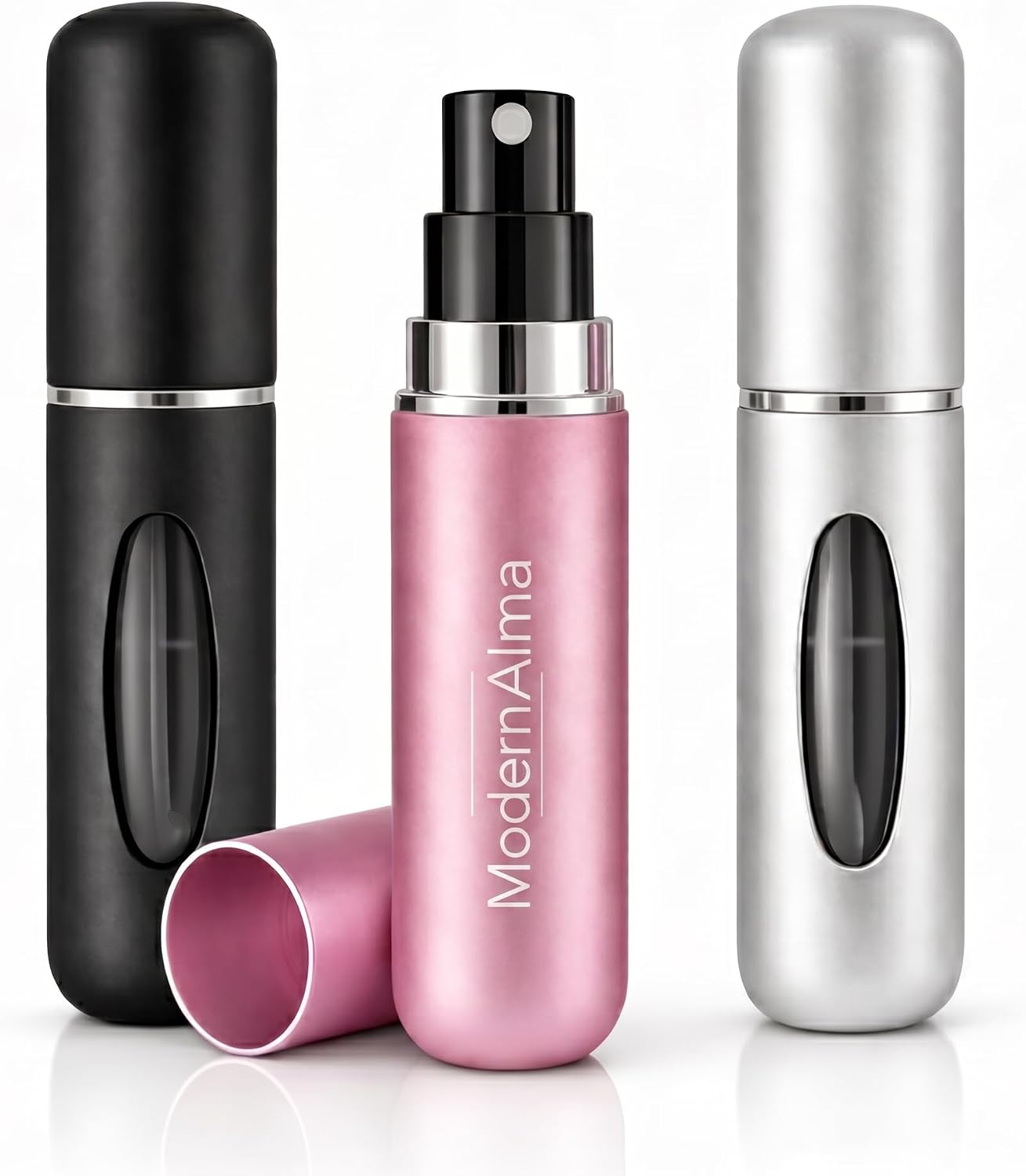 ModernAlma® - Atomizador Perfume Recargable | Atomizador Perfume Viaje Portátil de Aluminio con Ventana | Mini Spray Perfume Recargable para Avión, Bolsillo y Viaje (3, Multicolor 1, 5)