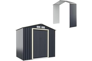 HOMASIS Gerätehaus Metall, Geräteschuppen mit Satteldach & 4 Lüftungsfenster & 2 Schiebetür, Gartenhaus Gartenschuppen Gartenhütte Metallschuppen Wetterfest Outdoor, Grau (Erweitert 213x191x195cm)