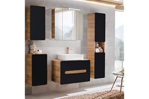 Lomadox Badezimmermöbel Set mit Keramik-Waschtisch & LED-Spiegelschrank seidenmatt anthrazit mit Wotan Eiche Nb., B/H/T ca. 180/200/46 cm