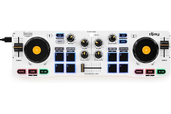 Hercules DJControl Mix – Contrôleur DJ Bluetooth sans fil pour Smartphones (iOS/Android) – Inclus Application djay, Support Mobile et Câble Splitter Audio – Ultra-compact & Portable – Blanc