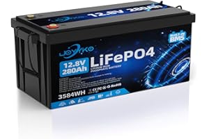Joyyko LifePO4 12v 280ah BMS Incorporato Batteria LifePO4 12.8v 280ah,Con 15000 Cicli Profondi,Batteria al Litio Di Grado A,Per Camper, Roulotte, Navi, Golf Cart