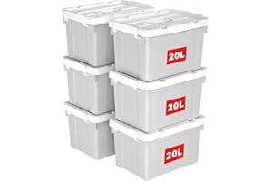Cetomo 20L*6 Storage Boxes, Carry Plastic Storage Box with Lids, Organizing Container with Handle and Secure Latching Buckles, Stackable, Nestable, Tote Bin for Home Office Clothes, 20L-6Pack, Gray