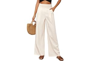 PASUDA Pantalones Mujer Verano Algodón Lino Pantalón Cintura Alta Elástico Casual Pantalones Suelto Cómodos Flojo Playa Pantalones de Anchos Mujer Largos