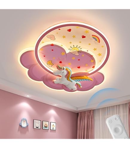 OOWOKS Plafonnier Chambre d'enfant Lampe de Plafond Fille Licorne Rose Dimmable avec télécommande 72W LED éclairage Chambre Fille Lampe Chambre Enfant Lampe Licorne plafonnier pour Enfant