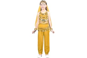 inhzoy Vestito da Danza del Ventre per Bambina con Paillettes Abito da Ballo Indiano Costume Indiana Arabo Principessa Costume Orientale Cosplay Halloween 5PCs Dancewear