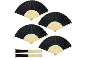 ZARRS Handheld Faltfächer, 4 Stück Bambus Handheld Faltfächer Handfächer Silk für Party Hochzeit Geschenke DIY Dekoration Schwarz