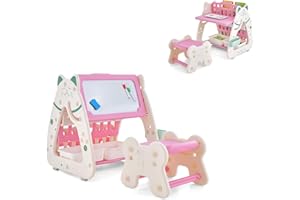 LIFEZEAL Conjunto de Caballetes Magnética Infantil, Librería para niños, Escritorio con Pizarra magnética Silla, Adecuado 1-5 años (Rosa)