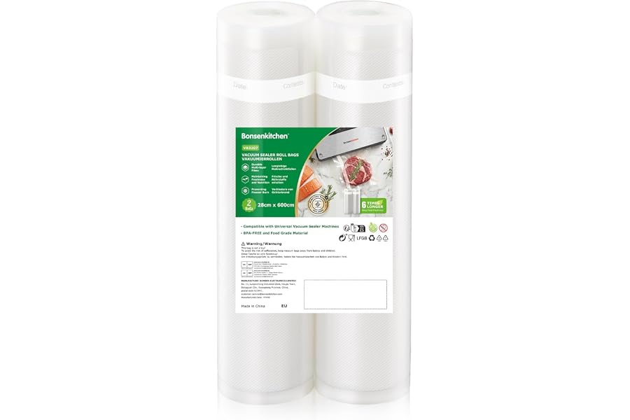 Bonsenkitchen Rollos Al Vacío Para Envasadora 2 Rollos 28x600 cm | Bolsas de Vacio Gofradas para Conservación de Aliment