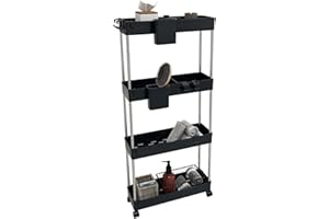 LYNCOHOME Rollwagen Küchenwagen mit 4 Ebenen, Küchenregal Nischenregal auf Rollen, Badregal Aufbewahrungswagen für Küche Badezimmer, mit 4 Haken+2 Behälter+Korbunterteilungen