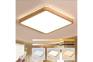 WayLuoung LED Lampa Sufitowa Wood | Ø50cm 3000-6000K 36W | Kwadratowa Lampa 360° Świecąca W Naturalnym Drewnie Sypialnia Salon Pokój Dziecięcy Kuchnia Jadalnia (Możliwość Ściemniania Za Pomocą Pilota)