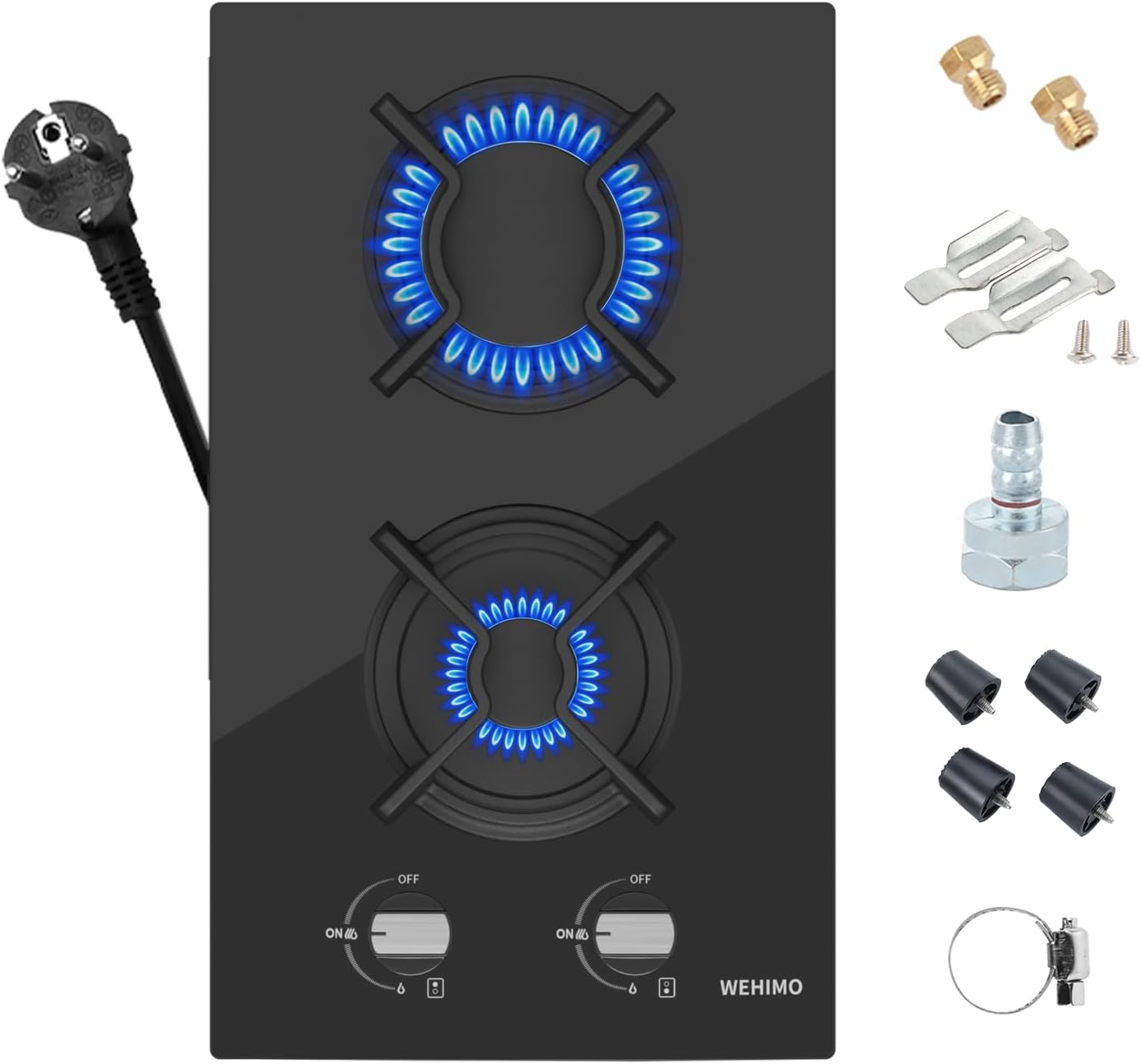 WEHIMO - Placa de cocina de gas de 2 fuegos, 2 fuegos empotrable, rejilla hierro fundido, 3700 W, gas ciudad y botella, cristal negro