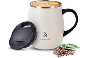 Ideus Coffee Mug 470ml (16oz), Double Wall Vacuum Insulated Stainless Steel Coffee & Tea Cup w/Non-Slip Handle & Slider Module Lid & Large Volume (Snow Mountain White)