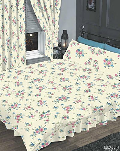 The Cameo Collection Elizabeth Blue, Super King Size Bed Complete Set, Duvet/Quilt Cover & Pillowcases & Fitted Valance Sheet, Traditional Floral Set Rose Flowers Cream Pink Green