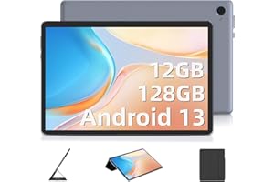 OUZRS Tablette Android 13 Tablette 10 Pouces, 12 Go RAM+128 Go ROM(TF 1TB), Octa Core, 5G/2.4G WiFi Tablette Tactile Dual Caméra HD/IPS, 6000mAh, Tablette pas cher Bluetooth OTG Type-C avec Étui, Gris