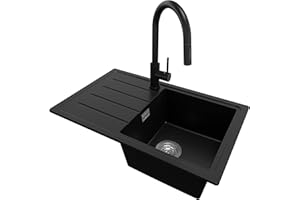PRIMAGRAN Evier Cuisine en Granit Noir 70x44cm, Lavabo 1 bac + Kit de Vidage, Évier à Encastrer al mueble 45cm - Copenhague Easy S031