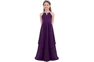 IEFIEL Enfant Fille Maxi Robe Demoiselle d'honneur Mariage Col Paillettes Robe Princesse Eté Fille Fête d'anniversaire Pageant Mousseline de Soie Robe 4-16 Ans