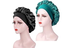 ALILEADER 2PCS Satin Bonnet for Sleeping, Soft Elastic Band Hair Bonnet for Curly Hair, Silk Bonnets for Curly Hair, Breathable Bonnet For Locs Silk Sleep Cap (Black+Teal)