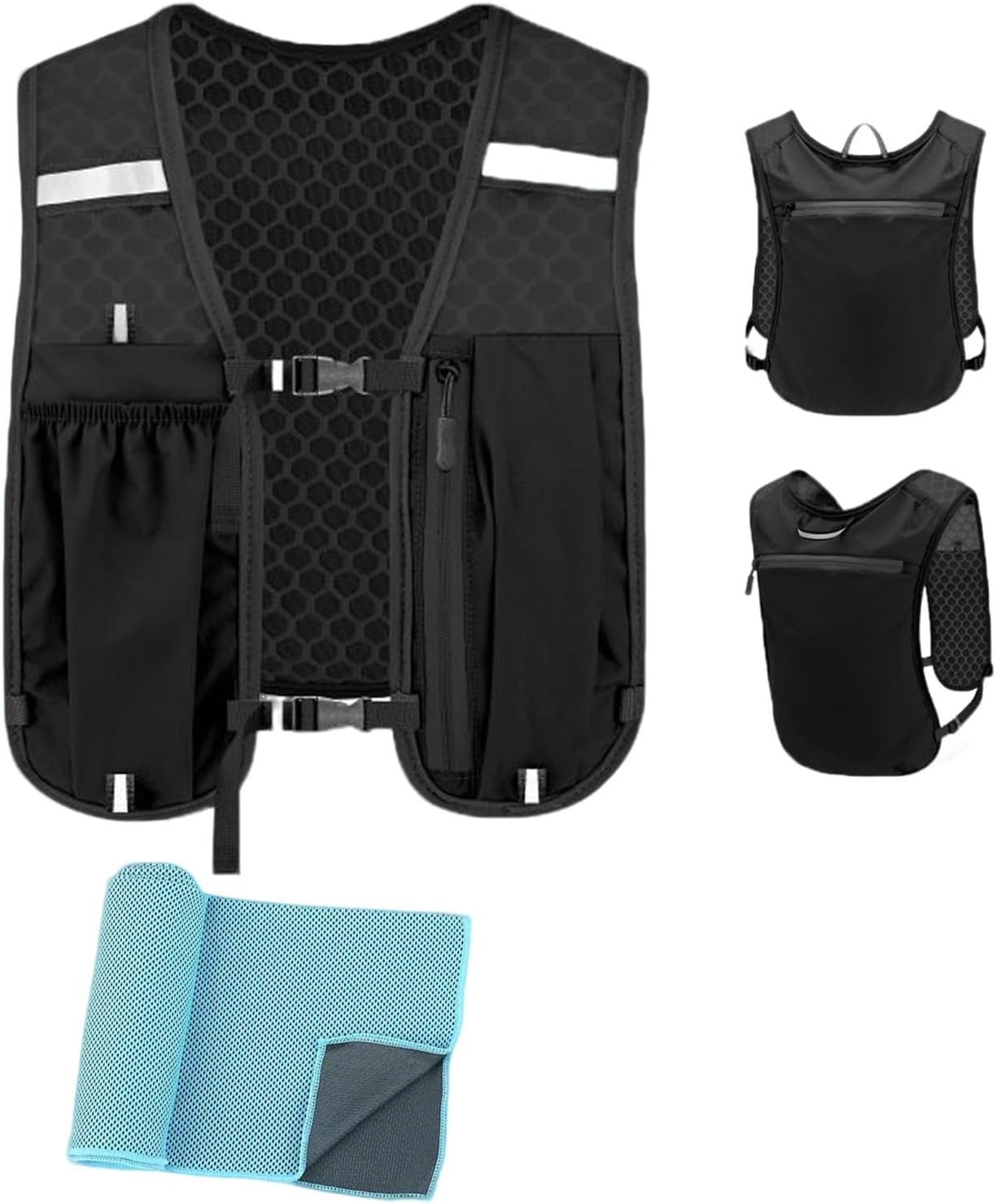 Running Vest，Lightweight & Breathable Hydration Backpack with Cooling Towels,Reflective Running Backpacks for Women & Men,Running Phone Holder for Cycling Hiking