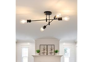 Comely Lampadario Industriale Nero, 4 Luci Plafoniera E27 Vintage, Lampadario da Soffitto Retro Regolabile di 180° per Soggiorno Camera da Letto Cucina Sala da Pranzo