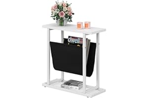 Jehiatek Narrow Side Table with Fabric Storage Organizer Holder, Small Sofa End Table, Bedside Slim Side Tables for Living Room, Bedroom, Space Saving, White
