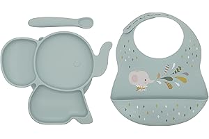 Koko Kids Silicone 3-Piece Feeding Set for Babies and Toddlers ~ Elephant Suction Plate, Spoon and Bib. (Vert)