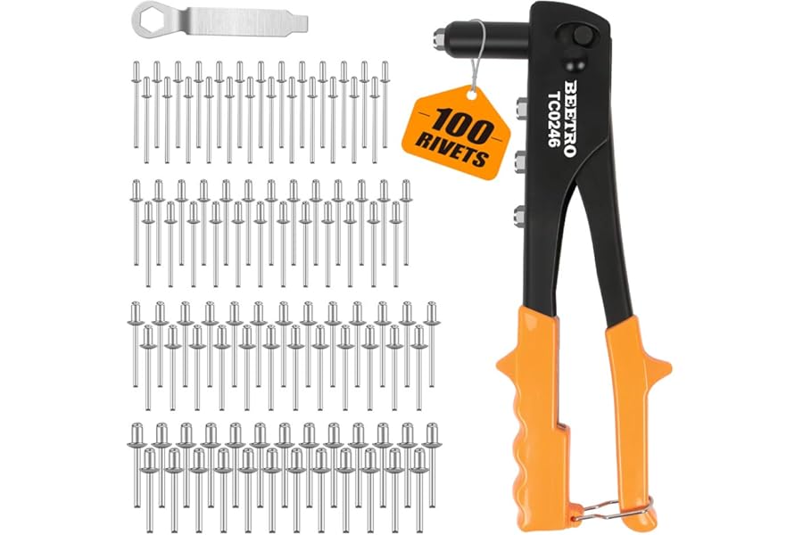 BEETRO Heavy Duty Hand Riveter, Rivet Gun Set, 3/32 inch-1/8 inch-5/32 inch-3/16 inch, 4 Nosepieces Set Includes 100pcs Rivets, Durable and Suitable for Metal, Plastic and Leather