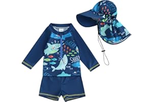 BEMEUSWT Baby Boy Girl Swimsuit One-Piece Zipper Long Sleeve Rash Guard with Hat Swimming Bathing Suit Toddler Swimsuits Baby Wetsuit Swimwear Beachwear