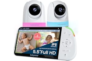 Babysense - Vigilabebés con pantalla dividida Full HD con 2 cámaras, luz nocturna en 6 colores, máquina de sonido y luz, batería de 20 horas, conexión a prueba de escuchas sin WiFi