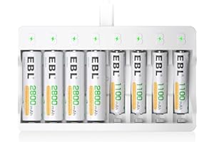EBL Cargador Rápido de Pilas con 4 x AA 2800mAh y 4 x AAA 1100mAh, Cargador Inteligente LED Ni-MH USB 5V 2A & Protección Múltiple