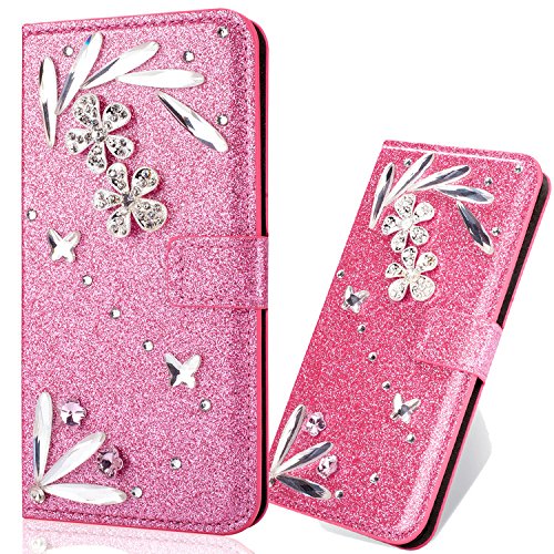 Preisvergleich Produktbild Ledertasche BookStyle Luxus Bling Glitzer Diamant Slim Leder Hülle Schutzhülle Scratch Bumper Flip Folio Wallet Stand Case Card Slots Pocket Shell Magnetverschluß Etui Case für Huawei P20 Lite