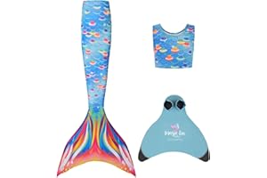 Planet Mermaid Girls Kids 3 Piece Vivid Colour Swimming Pacific Rainbow Mermaid Tail, Crop Top & Wear-Resistant Blue Magic Fin Monofin Included