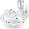 LATERN 150Pcs Multi-Use Silver Plastic Dinnerware Set, 25Pcs Reusable Dinner Plates, 25Pcs Salad Plates, 25Pcs Knives, 25Pcs Mini Forks, 25Pcs Spoons, 25Pcs Cups for Wedding Anniversary Garden Party