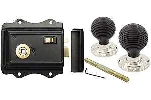AB Hardware Old English Victorian Style Latch Lock Snib + Ebonised Beehive Rim Door Knob Set (Polished Nickel)