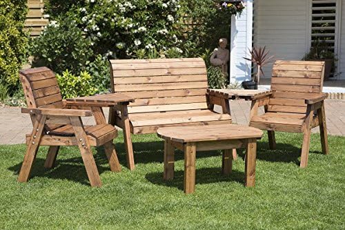 Conversation Sofa Set with 2 Seater Bench - 2 Chairs - 2 Detachable Trays and Coffee Table - Outdoor Patio Solid Wood Garden Furniture