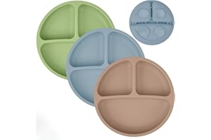 MumEZ Lot de 3 assiettes à ventouse en silicone pour bébé - Assiettes de sevrage pour plateau de chaise haute - incassables, portables, antidérapantes (café + bleu + vert)