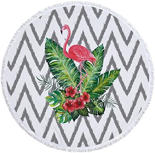 Circular beach towels Bath towel beach mats shawls wall decoration yoga mats creative Flamingo series tassels printing superfine fiber (Style 4)