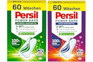 ‎PERSIL Persil Power Bars Universal 60 WL + Color 60 WL Waschmittel (120 Waschladungen), vordosiertes Vollwaschmittel in nachhaltiger Verpackung, für hygienisch reine Wäsche bereits ab 20° C