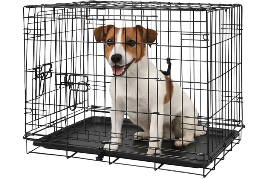 2 Door Metal Dog Crate with Removable Tray - Small - 1x Heavy Duty Folding Foldable Portable Collapsible Indoor Car Travel Training Cage Bed Carrier Furniture - Black - by Harbour Housewares