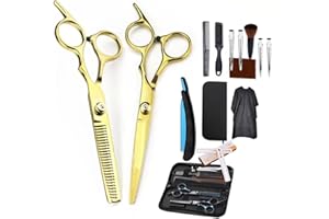 HEYOUTH Forbici Parrucchiere,Forbici Per Sfoltire i Capelli,Forbici Capelli,14 Capelli Professionali in Acciaio Inox, con Mantello da Barbiere, Pettine e Clip per Uomini, Donne, Bambini (Dorato, 14PCS)