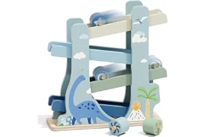 Lehoo Castle Kulbana i Trä för Barn 1 År, Montessori Dinosaurieleksak | 4-Nivåers Rullbana, 3,3 cm Hjul, Finmotorik och Visuell Spårning, Orsak och Verkan, FSC-Trä, Present för Barn