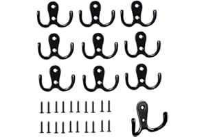 kurkip Coat Hooks Heavy Duty Double Prong Wall Mounted with Screws - Versatile Wall Mounted Black Hooks, Black Wall Coat Hooks for Coat, Scarf, Bag, Towel, Key, Cap, Cup, Hat (10 Pack)