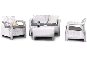 Keter Corfu Lounge Set Mobili da Esterno in Rattan con Divano 2 Posti 2 Poltrone e Tavolino, Bianco, 50X168X75 Cm